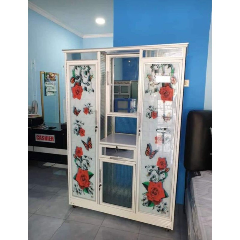 lemari baju kaca almunium 3 pintu plus tempat rias