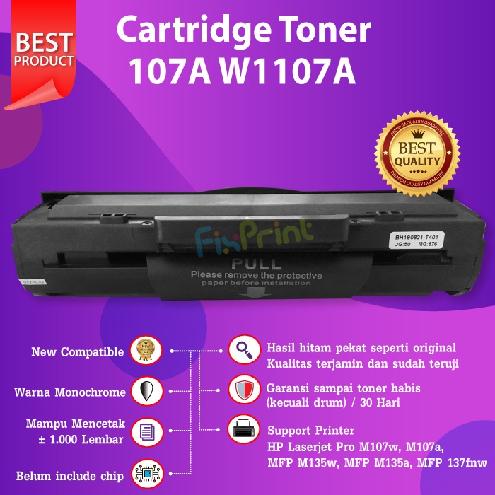 Cartridge Toner W1107A Black Compatible Printer Laserjet HP 107A 107w M135w M135a M137 137fnw