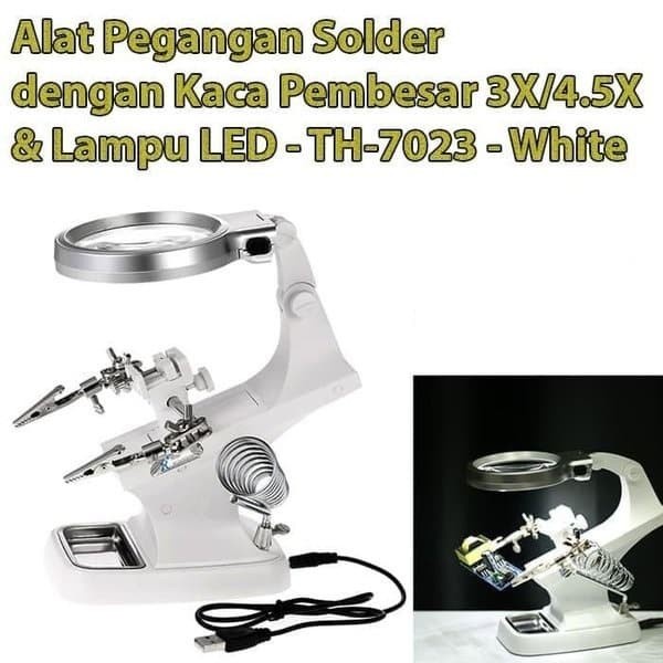 Helping Hand TH-7023 Alat Pegangan Solder Kaca Pembesar 3X/4.5X Zoom Lampu LED