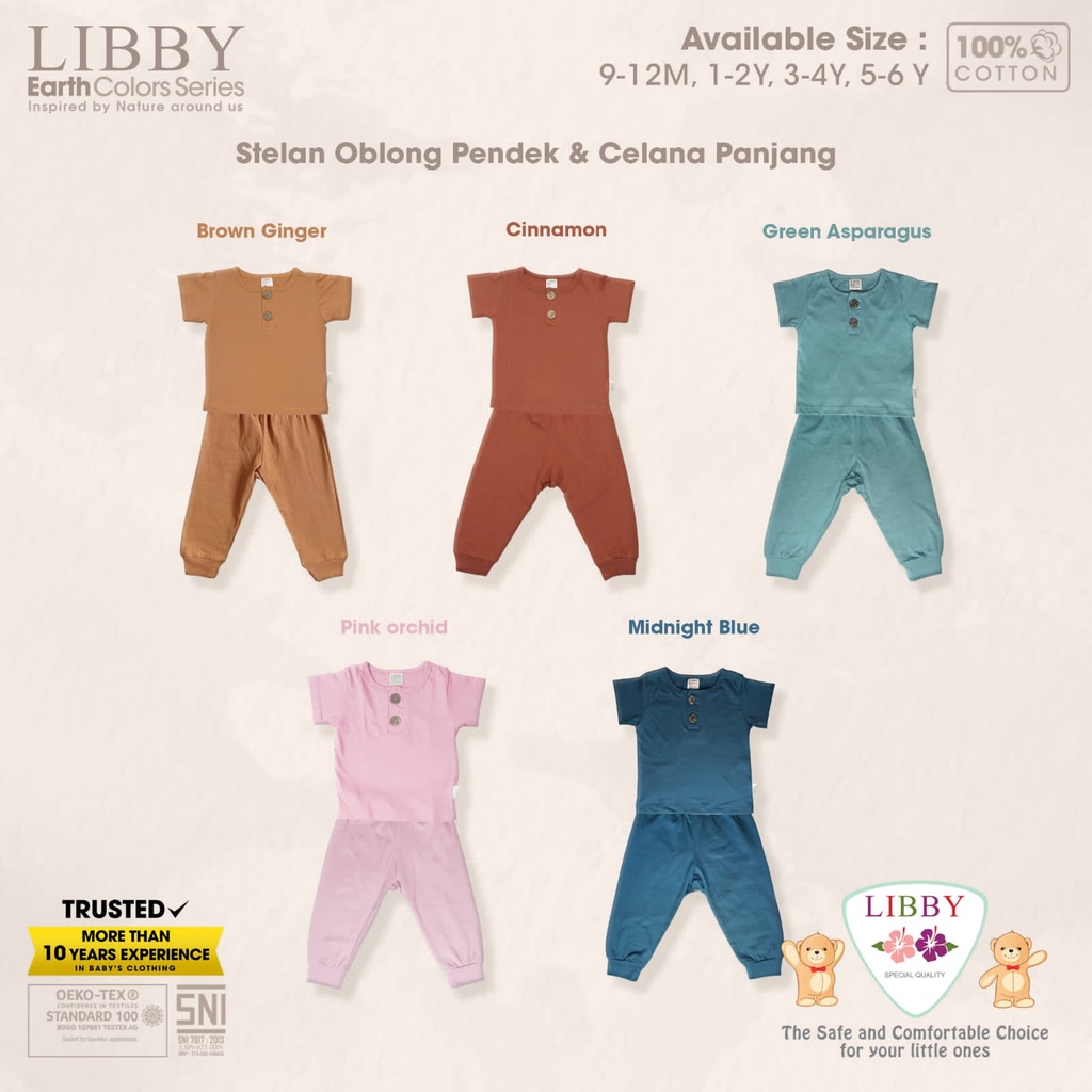 Libby Earth Series Fave Set Setelan Pendek Panjang Kancing Kerah Piyama Oblong Baju Bayi Polos Warna