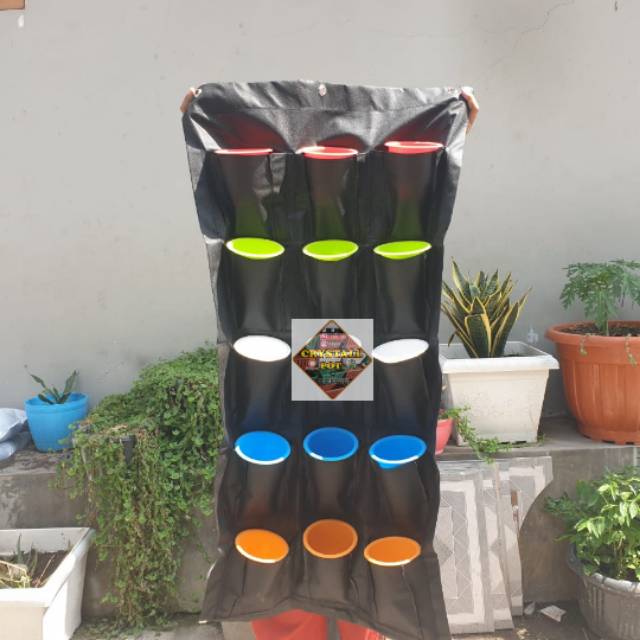 Vertical garden tob pot kantong + pot bunga cactus warni 12cm