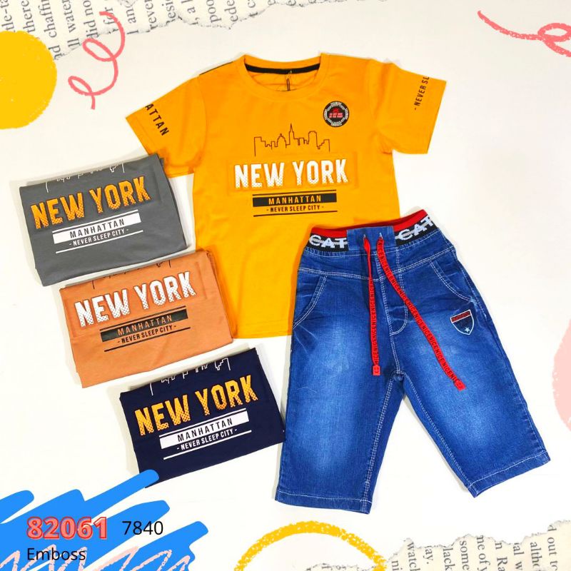 [2-14th] - SETELAN JEANS BASIC EMBOSS YESS KIDS ORYBOYS - SET EMBOSS + CELPEN JEANS PREMIUM MOTIF NEW YORK