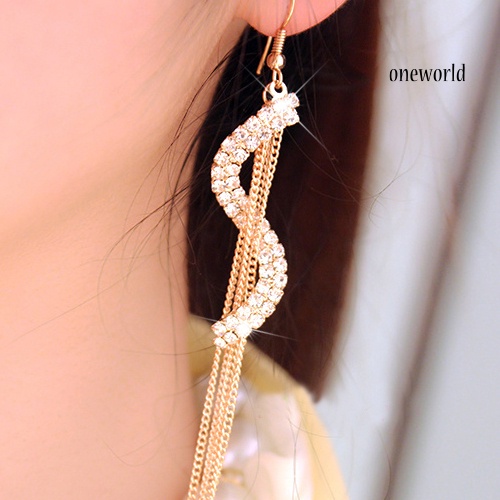 OW@ Women's Fashion S-Shape Long Tassels Rhinestone Hook Dangle Linear Earrings