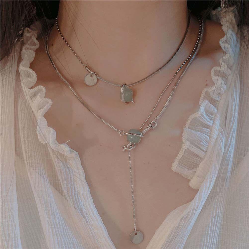 Mxbeauty Wanita Splicing Kalung Elegan Choker Giok Liontin Gaya Etnik Bahan Titanium Steel Tulang Ular Rantai Klavikula Chain