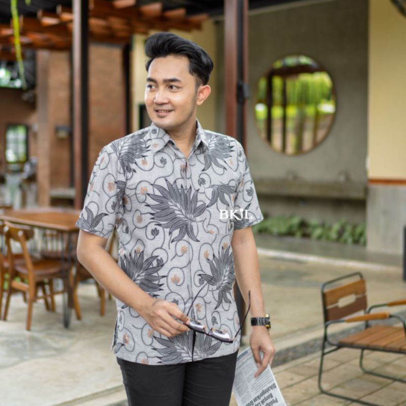 Kemeja Batik Pria Hem Baju Batik Pria Lengan Pendek Terbaru Motif Petir abu