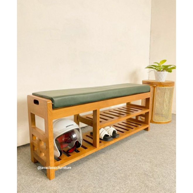 BANGKU DUDUK JOK TEMPAT PENYIMPANAN RAK SEPATU DAN HELM SERBAGUNA WOODEN SHOES BENCH KAYU JATI GRADE A MINIMALIS VINTAGE UNIK FURNITURE PRODUKSI JEPARA-3