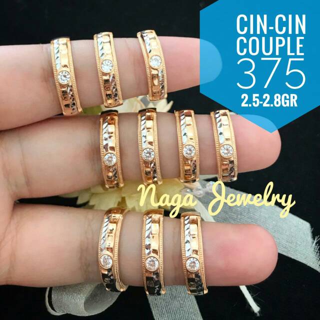 Cincin couple prewedding var kuning putih mata emas kadar 375