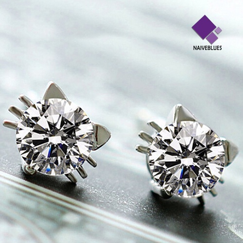 Naiveblue Anting Tusuk Sterling Silver 925 Desain Telinga Kucing Hias Zircon Untuk Wanita