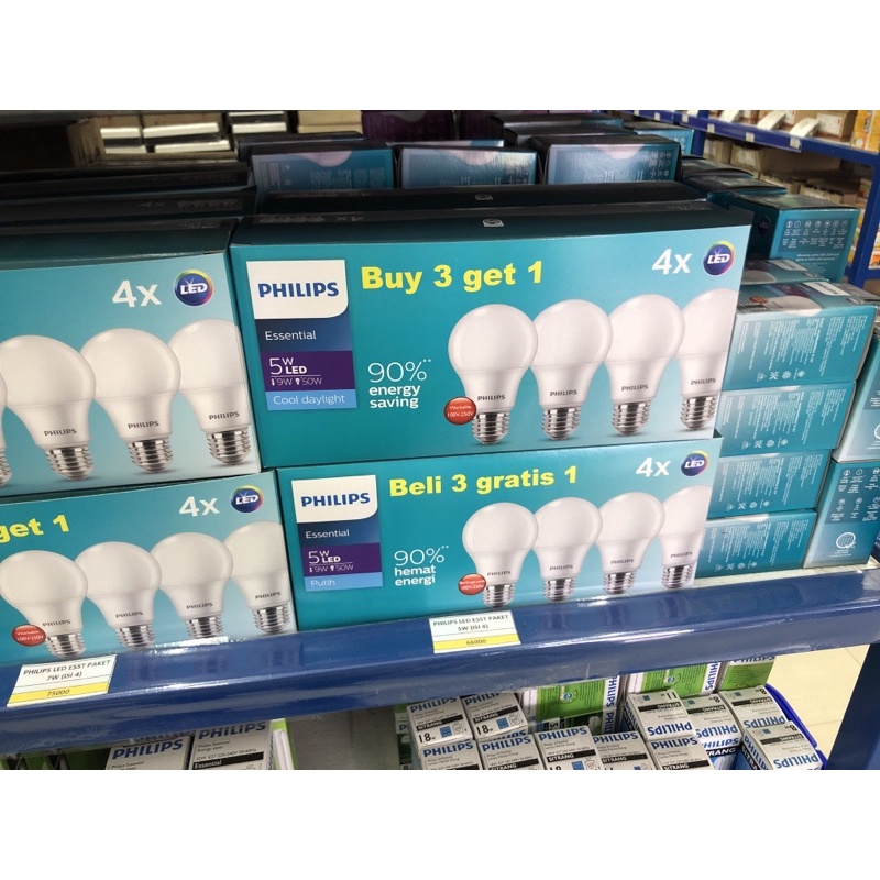 Paket LED Essential Promo Philips Beli 3 Gratis 1 Cahaya Putih 6500K & Warm White 3000K