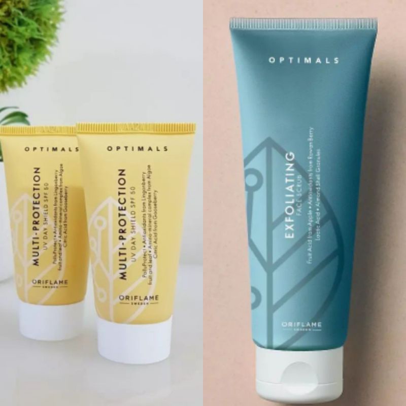 0ptimals Multi-Protection UV Day Shield SPF50//0ptimals Exfoliating Face Scrub