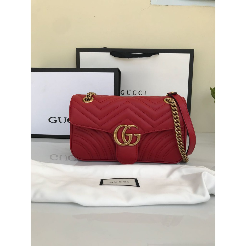 Tas Gucci Marmont GG Matelasse Chevron Merah Mirror 2018