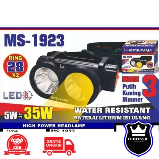 Senter Kepala Cas 2 LED Mitsuyama MS 1923 Headlamp Outdoor Gunung 2 Warna Kuning dan Putih 35 Watt