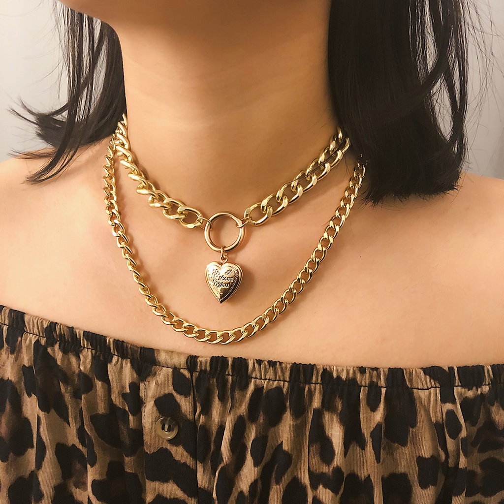 Hu Hu Hu Hu Hu Alat Bantu Pasang Kacamata♡ Kalung Choker Rantai Double Layer Bahan Alloy Dengan Liontin Hati Untuk Kencan