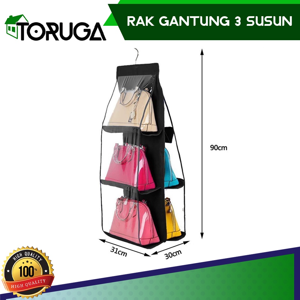 Rak Cantolan Tas GANTUNG 3 susun - Hanging Bag Organizer HBO - Tempat Penyimpanan Hand Bag 6 Sekat