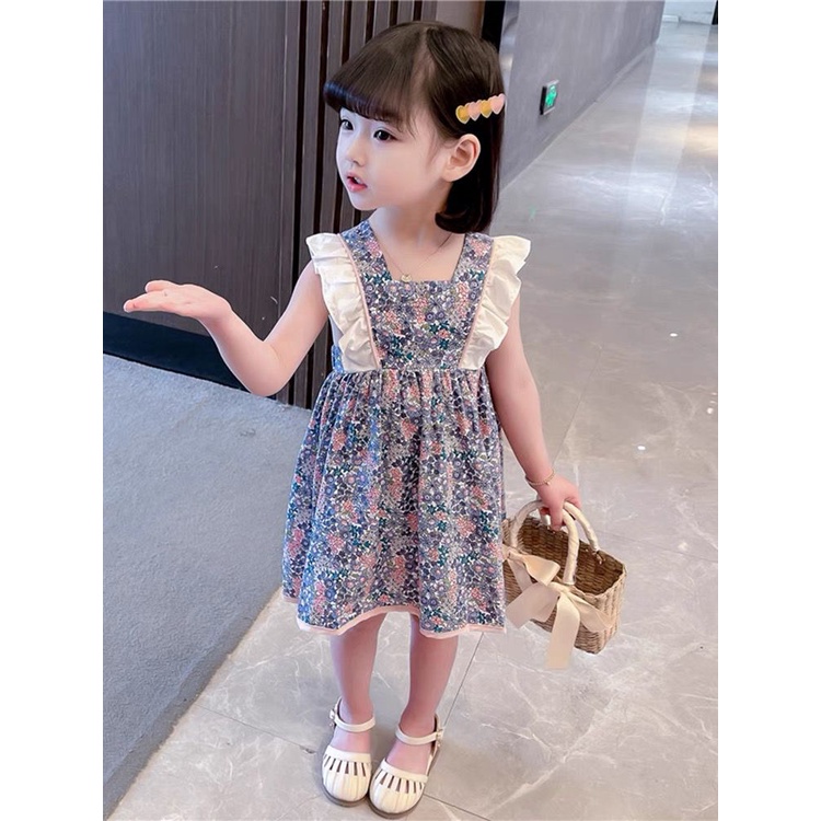 DRESS ANAK [KUALITAS IMPOR] GAUN BAYI MOTIF BUNGA BIRU PITA PINK