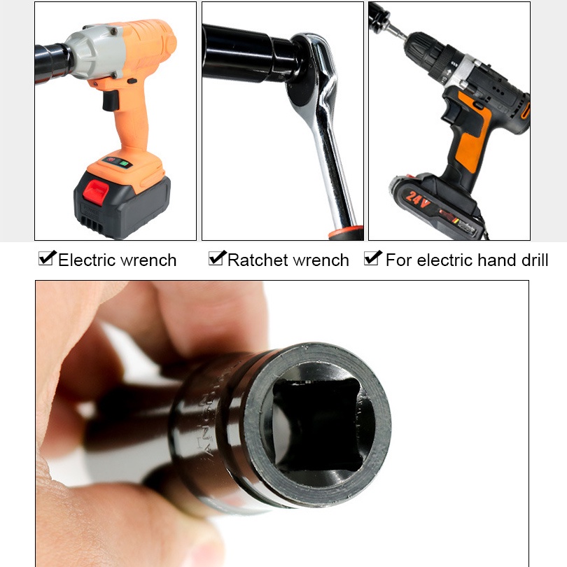 Impact Socket Set 10/15Pcs 1/2 Inch 8-24MM Extension Impact Socket Panjang Mencapai Soket Nut Perbaikan Alat