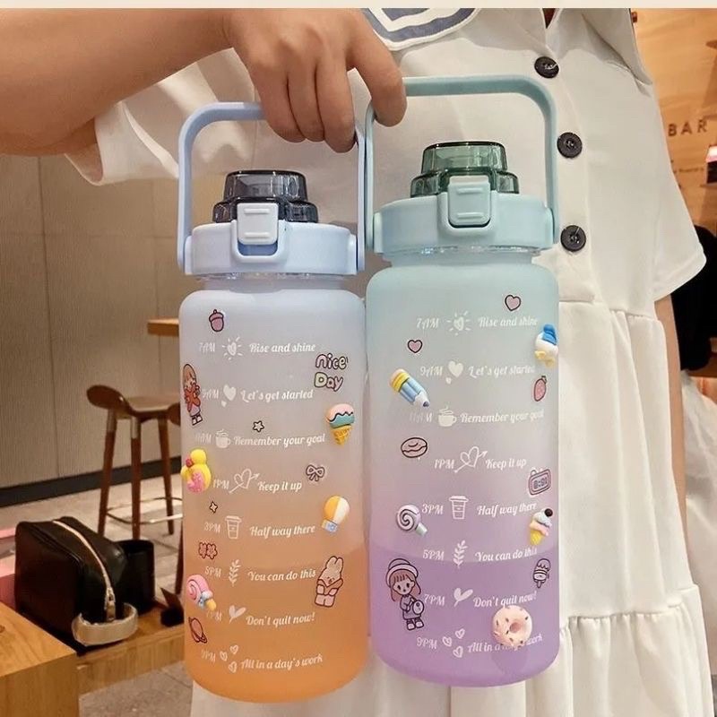 Botol Minum Viral Jumbo Transparan Full Colour Travel Sport Water Botol Minum Motivasi Penanda Waktu