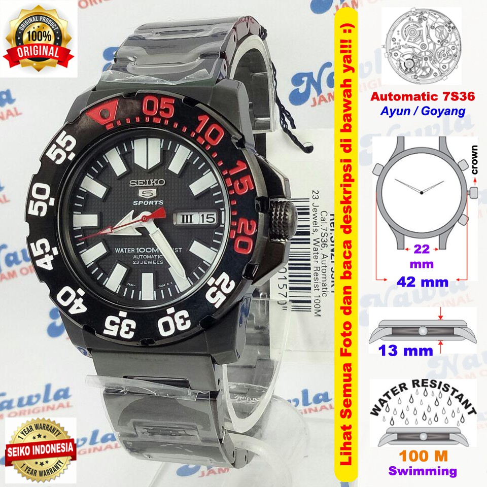 Seiko 5 Sports SNZF53K1 Automatic Black Monster 100M | Jam Pria SNZF53