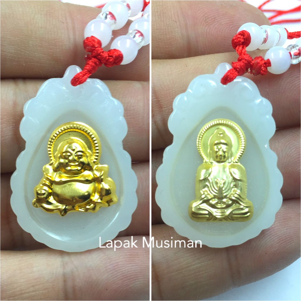 [Bayar di Tempat] KALUNG BATU GIOK SALJU MOTIF BUDDHA WARNA EMAS