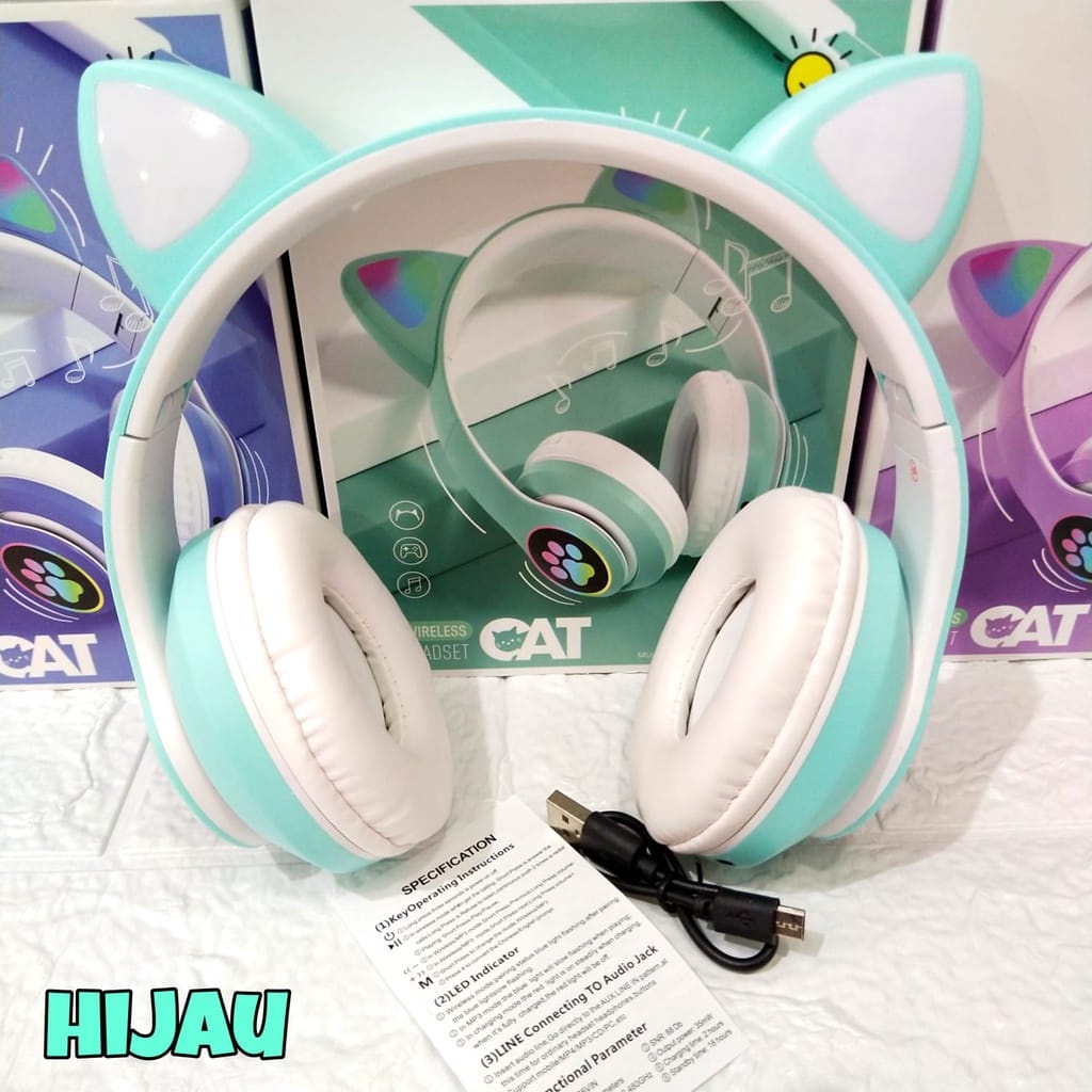 HeadPhone / Headset Kucing - Wireless JST28 Telinga Kucing Lampu