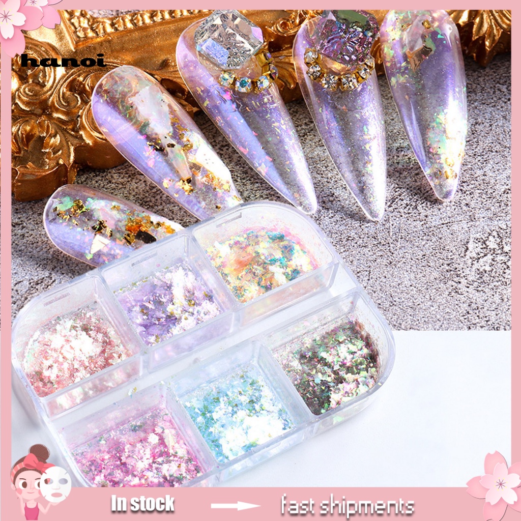 Han 1 Kotak Payet Glitter 6 Sekat Untuk Dekorasi Nail Art / Manicure DIY