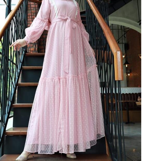 Tiara Maxy / Gamis Wanita / Gamis Moscrepe Mix Tile Aplikasi Renda/ Gamis Lengan Balon