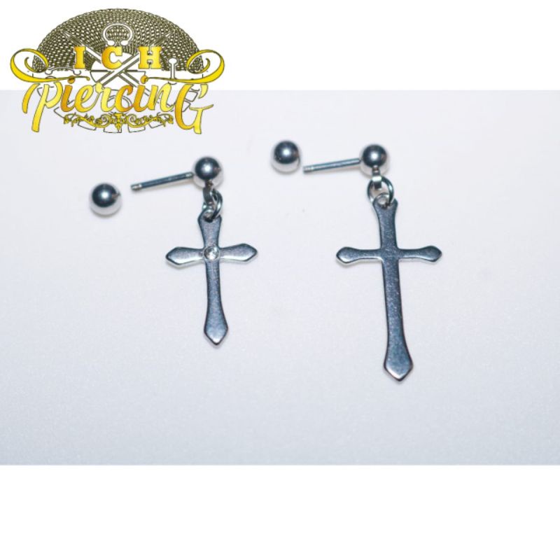 anting titanium salib model barbel / barbel anting wanita / cewe pria