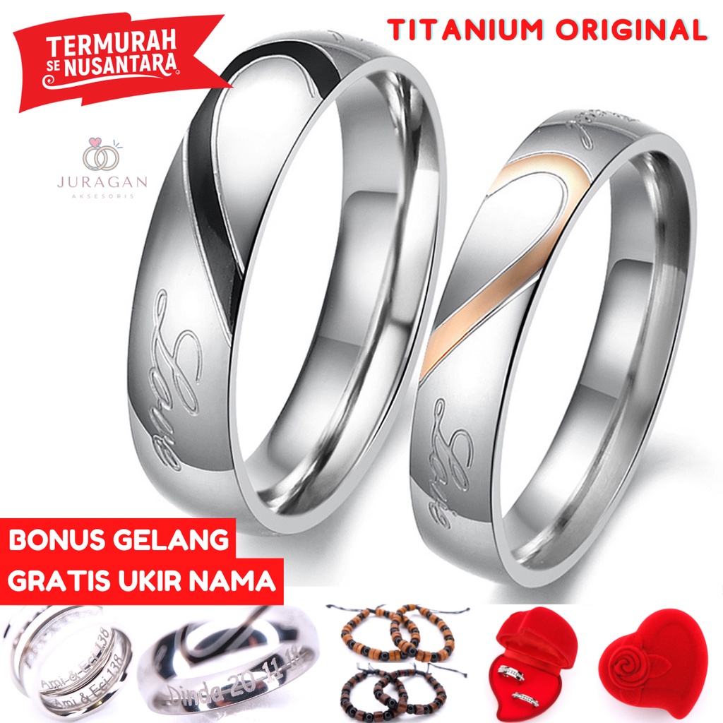 [HIGH QUALITY] Cincin Couple BUCIN R06 Titanium Ukir Nama Anti Karat Anti Hitam + BONUS Gelang