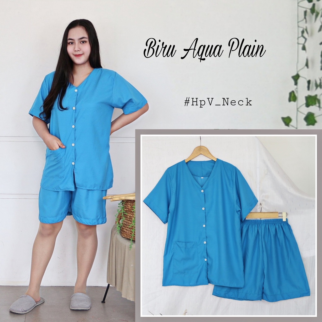 IZANY Piyama Dewasa Hotpant V Neck all size  / HP Celana Pendek  PLAIN Polos-BIRU AQUA PLAIN
