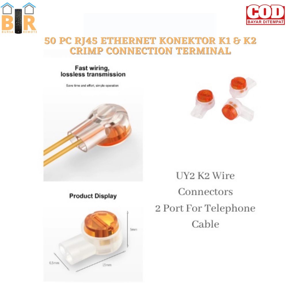 isi 50pcs K1 Wire Connectors Waterproof 2 Port untuk sambung kabel telepon dan internet