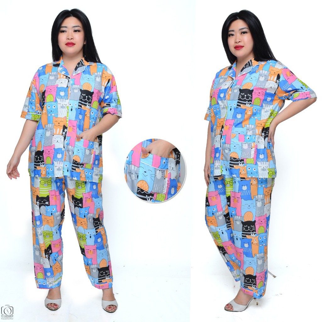 Piyama katun jepang karakter big size jumbo baju lengan pendek celana panjang ld 120 130