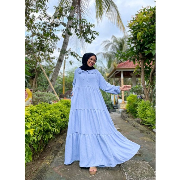 Gamis Jumbo long Dress Gamis Lebaran Idul fitri Gamis rubiah Crincle kerah korea Gamis rubiah Umpak-Baby blue