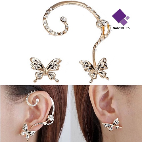 Naiveblue Anting Tusuk Asimetris Bentuk Kupu-Kupu Aksen Berlian Imitasi Untuk Perhiasan Wanita / Pesta