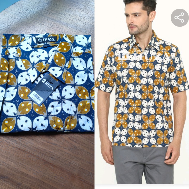 Kemeja Pria Atasan Batik Pria Lengan Pendek Bahan Katun Cap Regular Fit Batik Huza