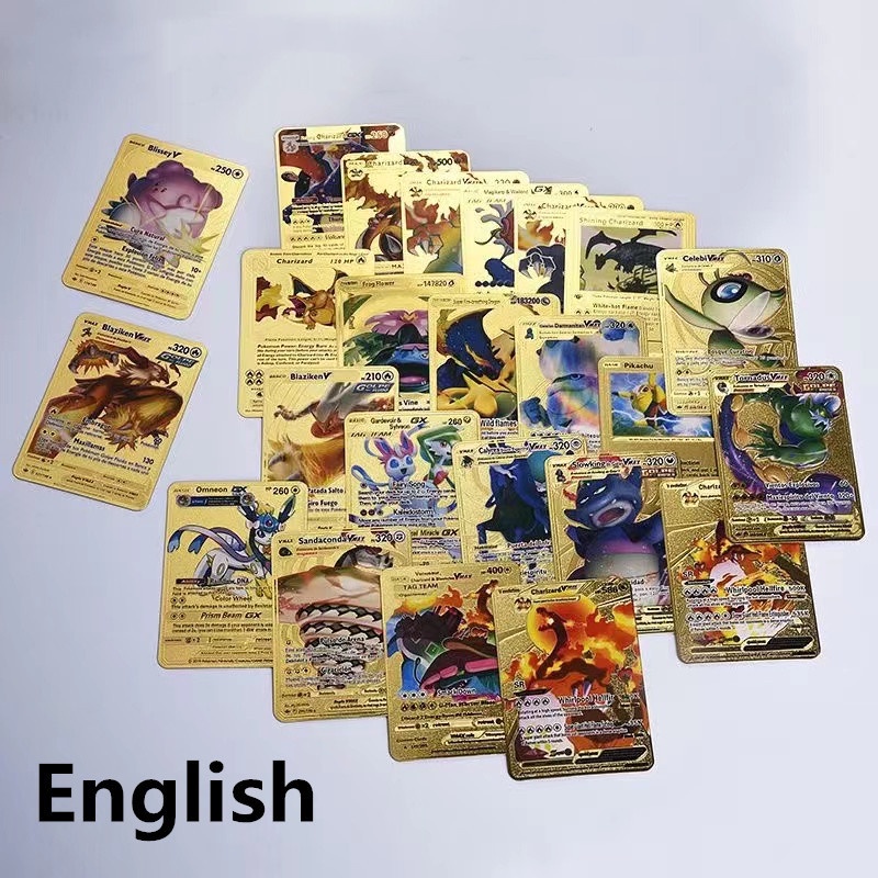 54pcs / 27Pcs Kartu Pokemon Versi Bahasa Inggris Bahan Metal Warna Emas / Silver Untuk Koleksi