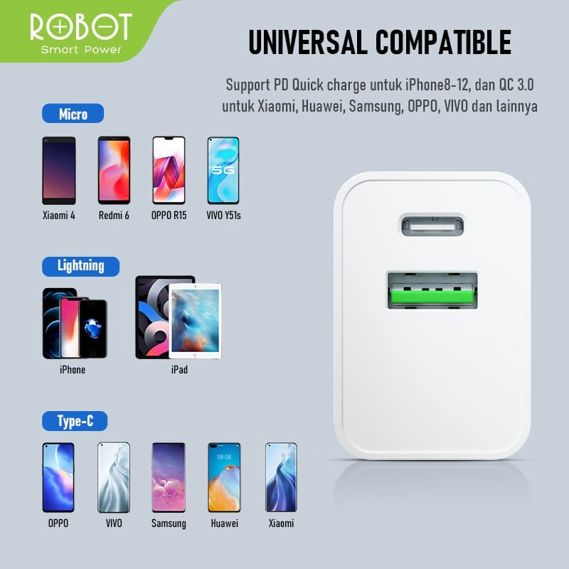 A_   Robot Adaptor Charger RT-F2 Batok Charger 18W Dual Port USB-A dan USB-C Quick Charging Garansi Original Resmi