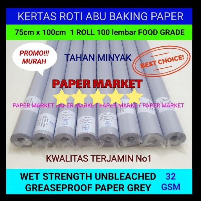 

KERTAS ROTI ABU GREASEPROOF PAPER GREY uk 75cm x 100cm 32 GSM 100 Lembar