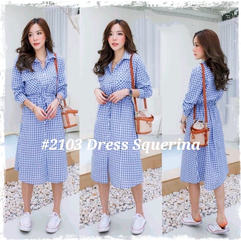 IMPORT Midi dress kotak wanita dress squerina katun am/pakaian wanita midi dress kasual/dress katun 