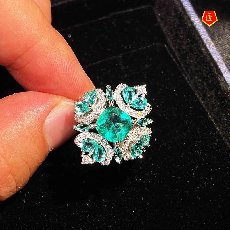 [Ready Stock]Elegant Micro-Inlaid Full Diamond Natural Palaiba Green Rhinestone Ring