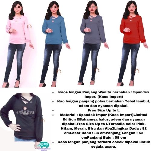 CUCI GUDANG Baju Kaos Cotton T-shirt Atasan Wanita Kaos Lengan Panjang Puff Murah Tumblr Tee Casual Spandex Murah - Lovelybutik