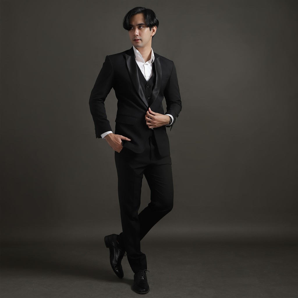 Setelan Jas Celana &amp; Rompi Premium - Hitam Peak Lapel Mengkilap - VENTE SERIES - GOLDY OUTFIT