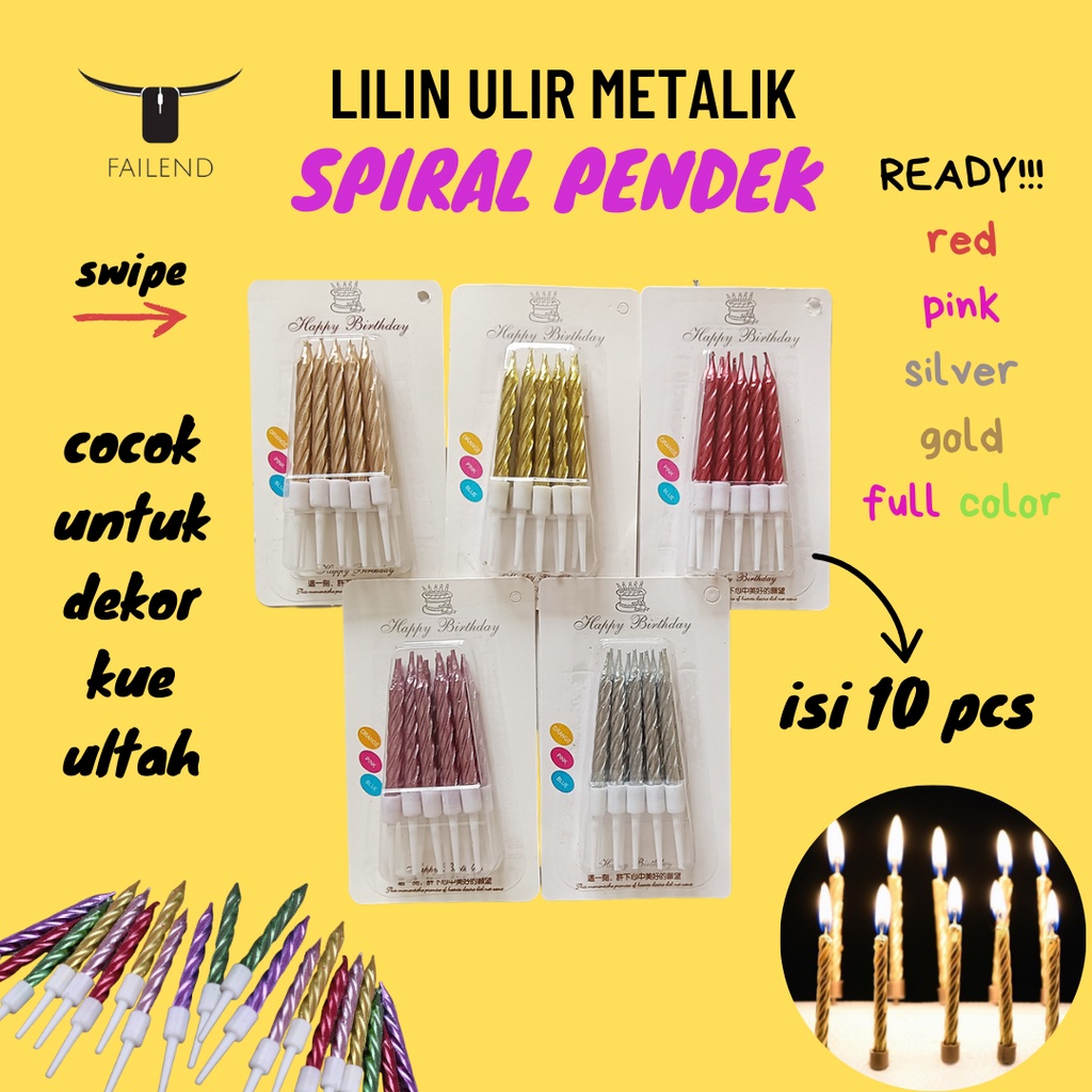 Lilin Ulang Tahun Ulir Spiral Pendek metalik isi 10 pcs