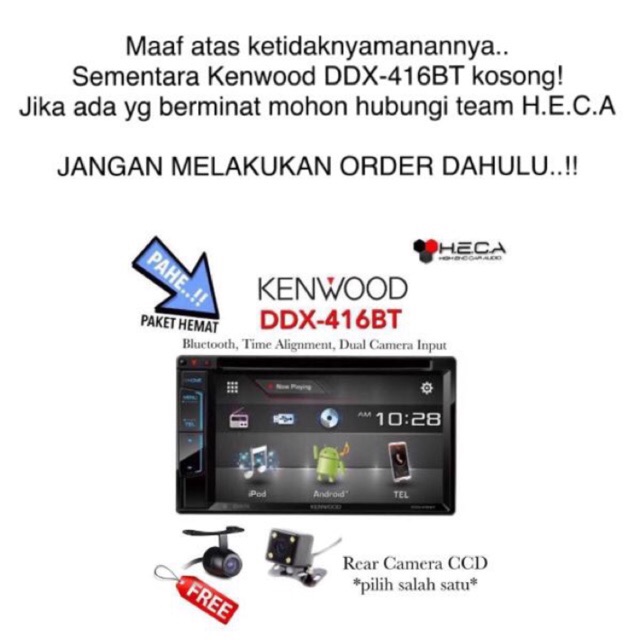 Paket Audio Mobil Kenwood DDX-416BT DDX416BT DDX 416 BT DDX 416BT Tape Double din + Kamera Mundur