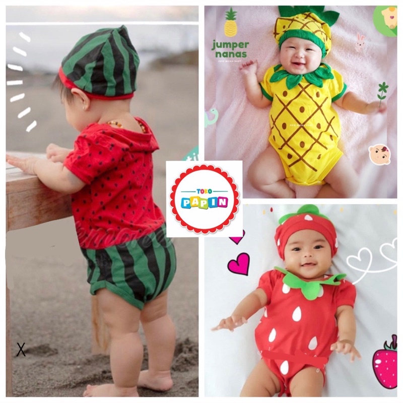 Baju Jumper Anak Bayi Baby Set Topi Motif Buah Lucu Halus Adem Berkualitas