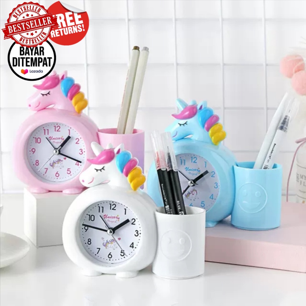 COD ~ Jam Alarm Unicorn Karakter Anak + Kotak Pensil dan Pulpen