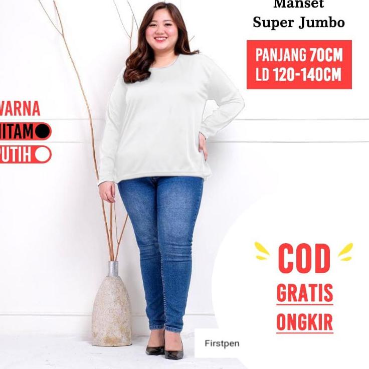 Kaos Manset Polos Hitam Putih Lengan Panjang Wanita Jumbo Bigsize LD Sampai 130