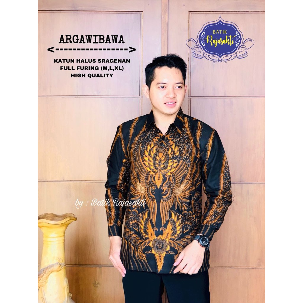 ARGAWIBAWA Atasan Baju Kemeja Batik Pria Lengan Panjang PREMIUM Katun RAJASAKTI SOLO