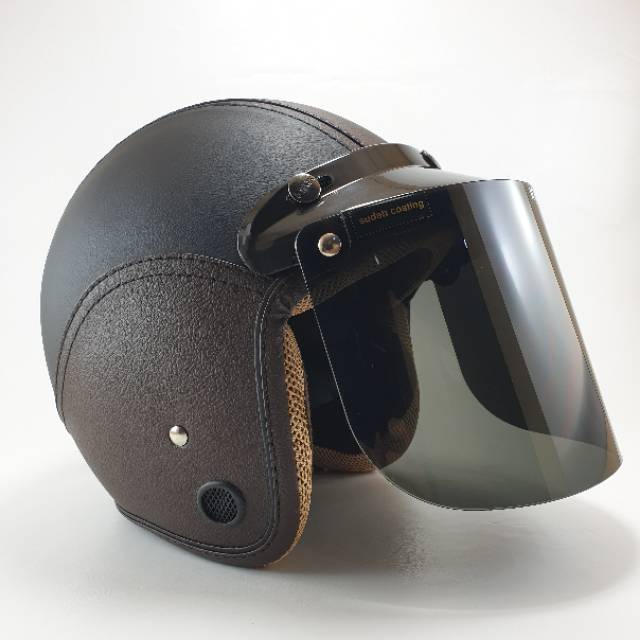 Helm Bogo Dewasa Kulit Retro Full Leher SNI Kaca Datar Injak