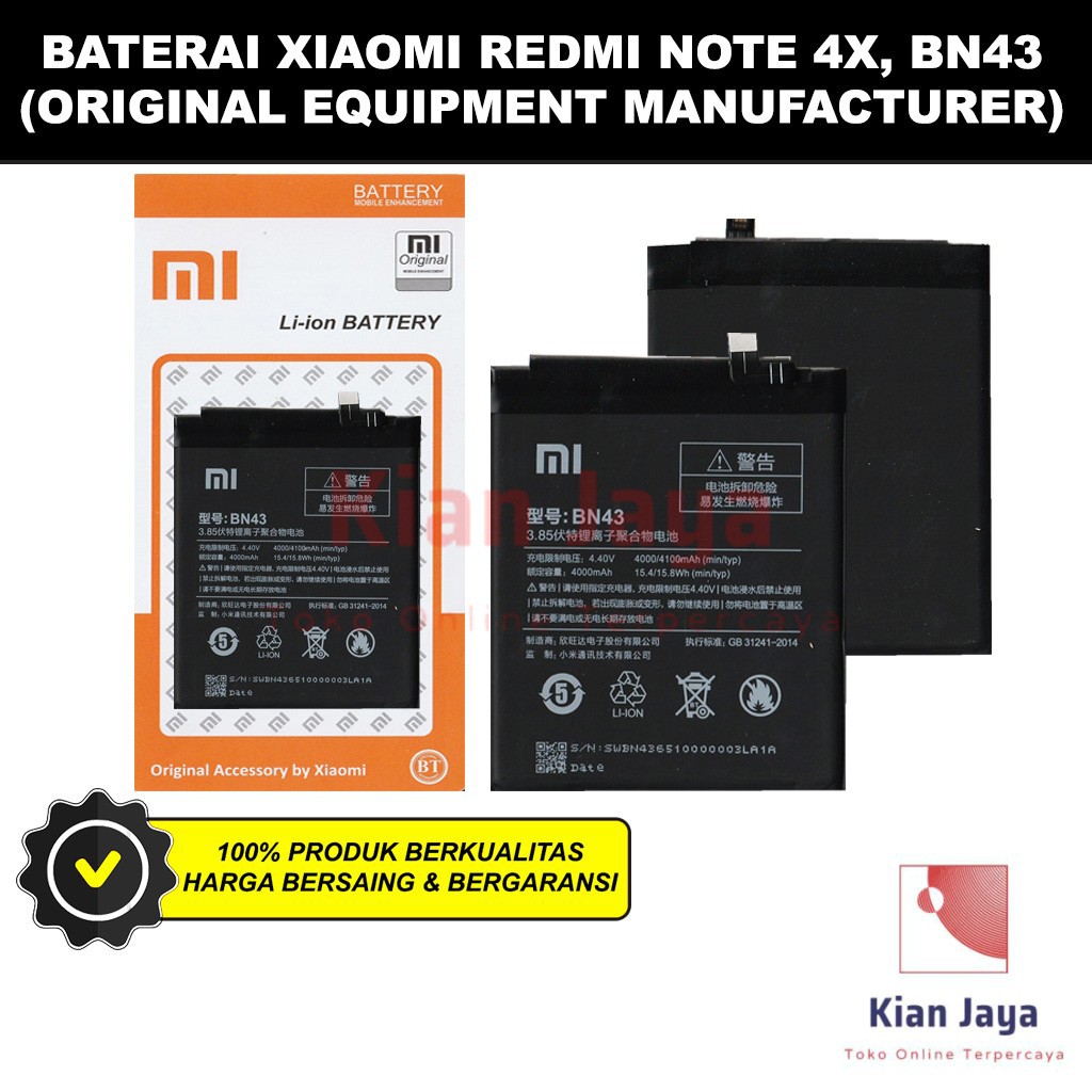 Baterai Hp XiaoMi BN43 Redmi Note 4x Original OEM Batrai Batre Battery Xiao Mi BN 43