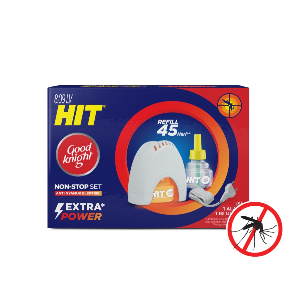 Hit Good Knight Non Stop Set - Obat Nyamuk Elektrik - Bunuh Nyamuk Penyebab Demam Berdarah (DBD) - PAKET HIT OBAT NYAMUK CAIR ELEKTRIK LISTRIK NON STOP REFILL+ LAMPU ( 8.09 LV) 45 MALAM